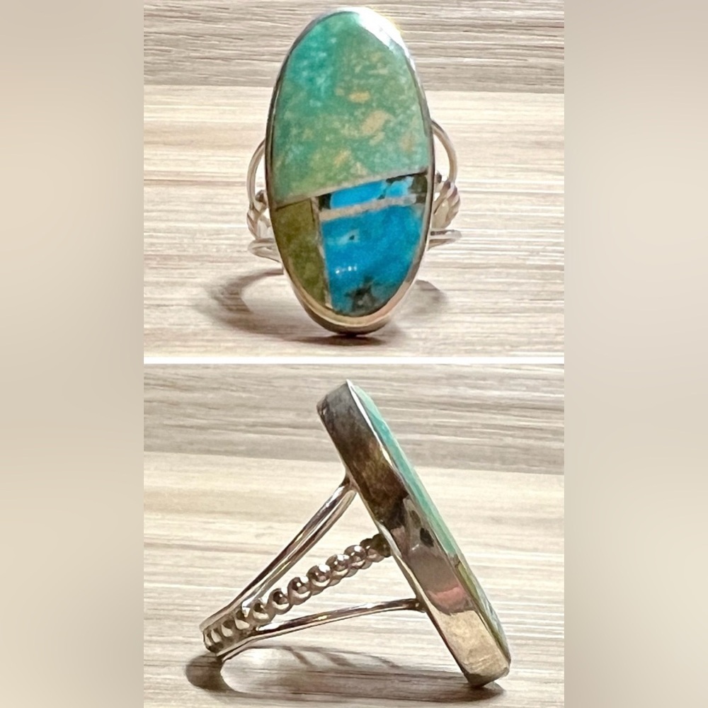 Vintage Designer H. Smith Sterling Silver Abstract Turquoise Inlay Ring, Size 6